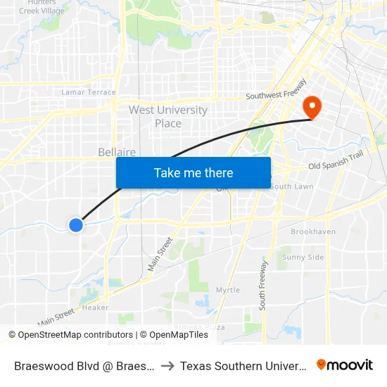 Braeswood Blvd @ Braesmont Dr to Texas Southern University REC map