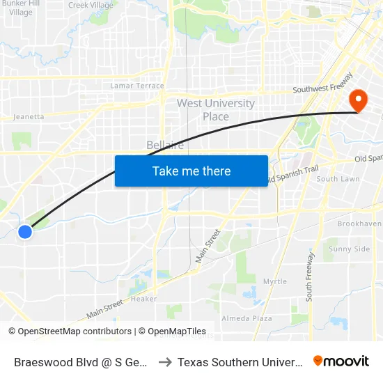 Braeswood Blvd @ S Gessner Rd to Texas Southern University REC map