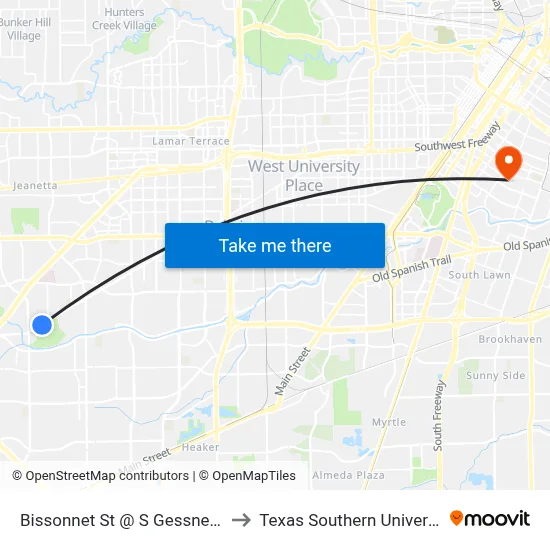 Bissonnet St @ S Gessner Rd Mb2 to Texas Southern University REC map