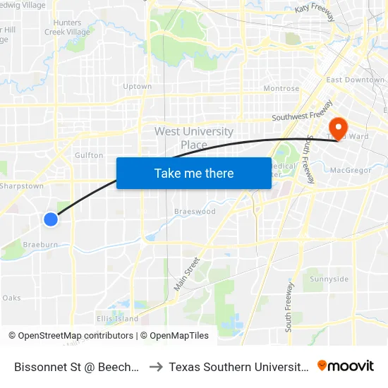 Bissonnet St @ Beechnut St to Texas Southern University REC map