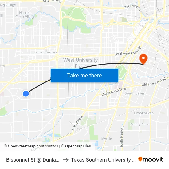 Bissonnet St @ Dunlap St to Texas Southern University REC map