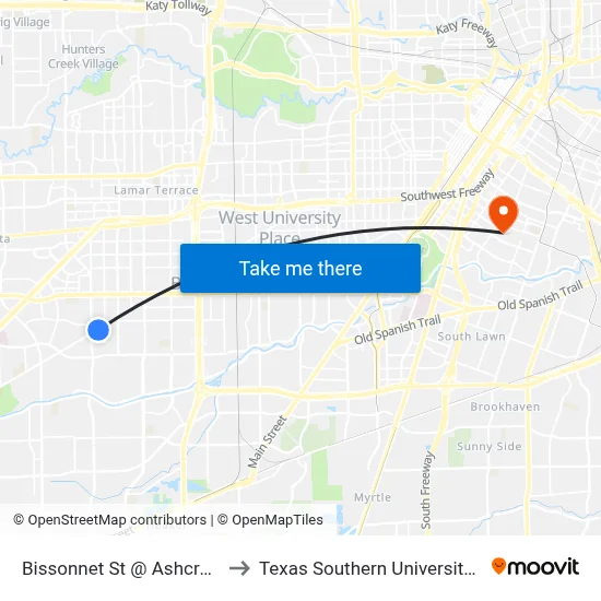 Bissonnet St @ Ashcroft Dr to Texas Southern University REC map