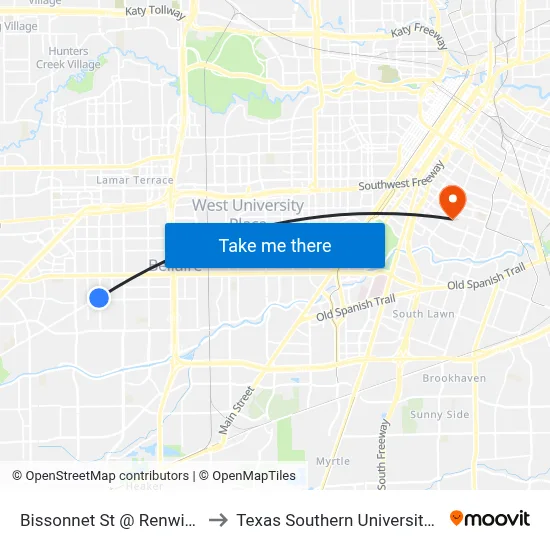 Bissonnet St @ Renwick Dr to Texas Southern University REC map