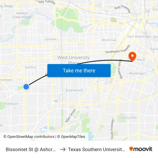 Bissonnet St @ Ashcroft Dr to Texas Southern University REC map