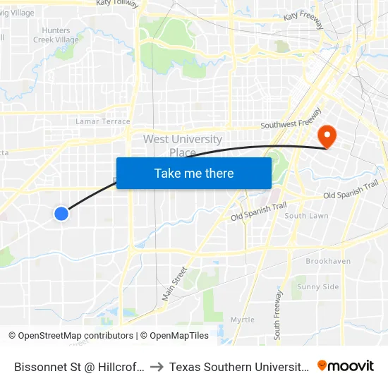Bissonnet St @ Hillcroft Ave to Texas Southern University REC map