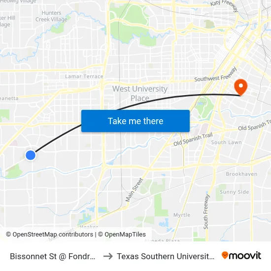 Bissonnet St @ Fondren Rd to Texas Southern University REC map