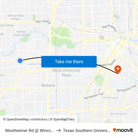 Westheimer Rd @ Winrock Blvd to Texas Southern University REC map