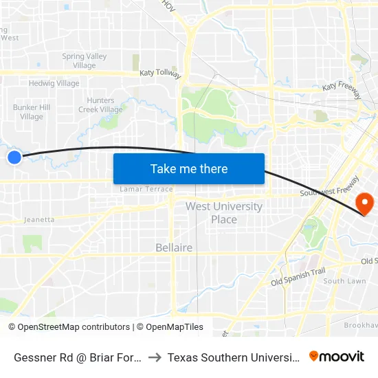 Gessner Rd @ Briar Forest Dr to Texas Southern University REC map