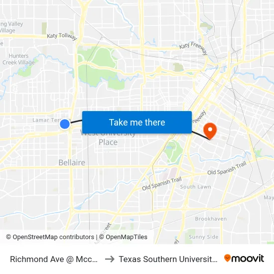 Richmond Ave @ Mccue Rd to Texas Southern University REC map