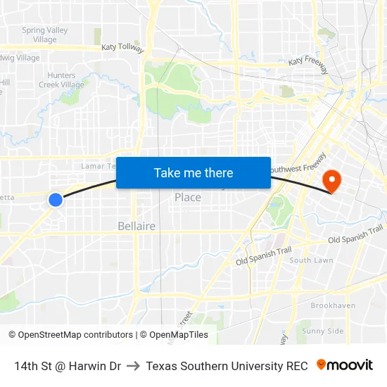 14th St @ Harwin Dr to Texas Southern University REC map