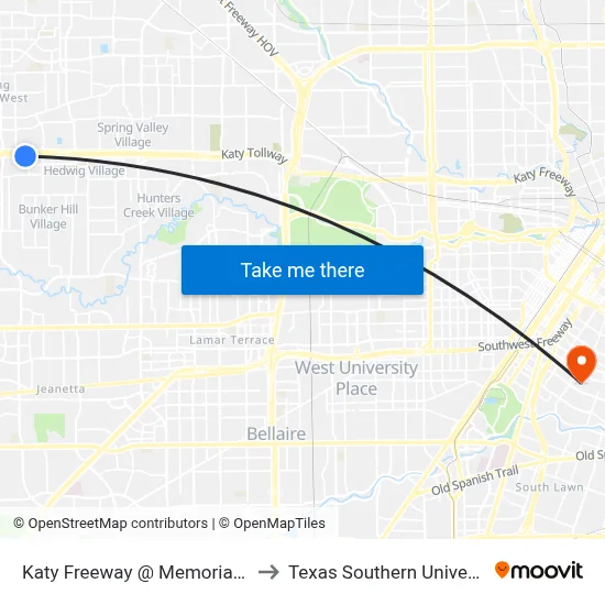 Katy Freeway @ Memorial City Way to Texas Southern University REC map