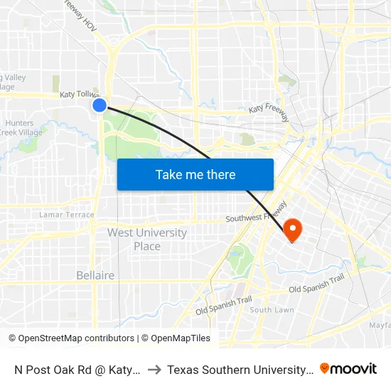 N Post Oak Rd @ Katy Fwy to Texas Southern University REC map