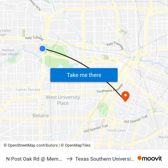 N Post Oak Rd @ Memorial Dr to Texas Southern University REC map
