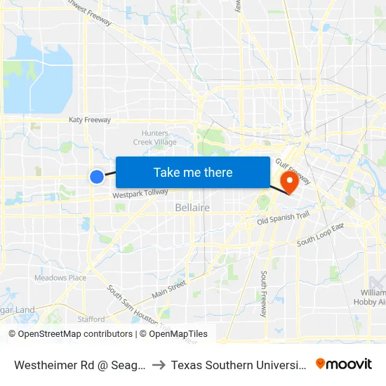 Westheimer Rd @ Seagler Rd to Texas Southern University REC map