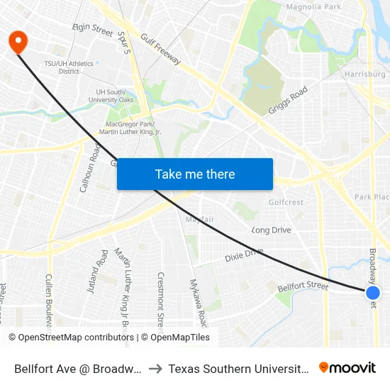 Bellfort Ave @ Broadway St to Texas Southern University REC map