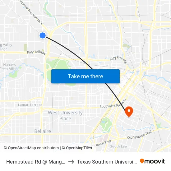 Hempstead Rd @ Mangum Rd to Texas Southern University REC map