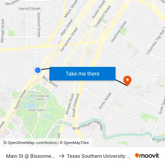 Main St @ Bissonnet St to Texas Southern University REC map