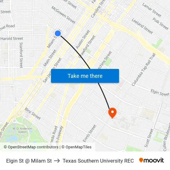 Elgin St @ Milam St to Texas Southern University REC map