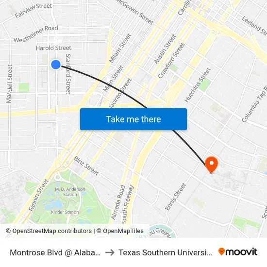 Montrose Blvd @ Alabama St to Texas Southern University REC map