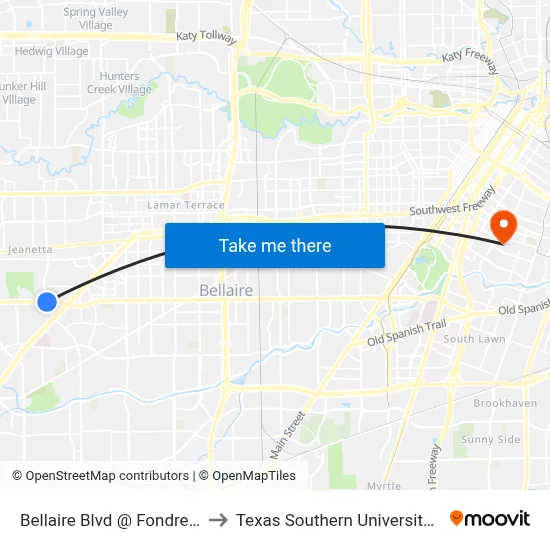 Bellaire Blvd @ Fondren Rd to Texas Southern University REC map
