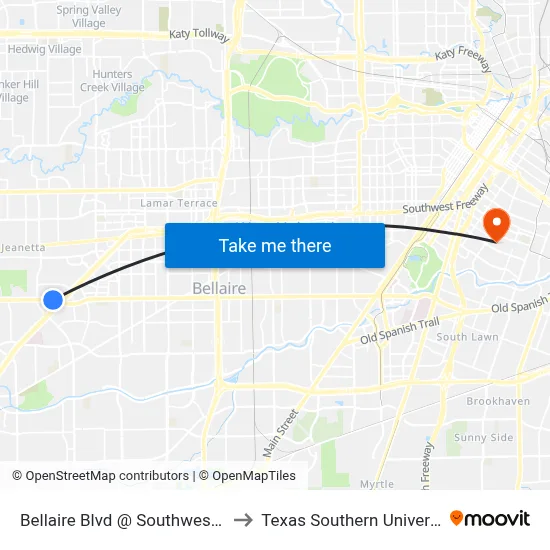 Bellaire Blvd @ Southwest Freeway to Texas Southern University REC map