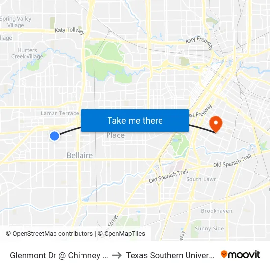 Glenmont Dr @ Chimney Rock Rd to Texas Southern University REC map