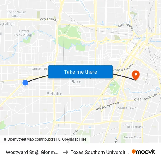 Westward St @ Glenmont Dr to Texas Southern University REC map