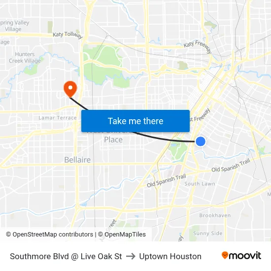 Southmore Blvd @ Live Oak St to Uptown Houston map