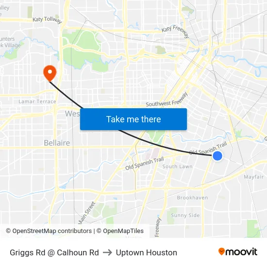 Griggs Rd @ Calhoun Rd to Uptown Houston map