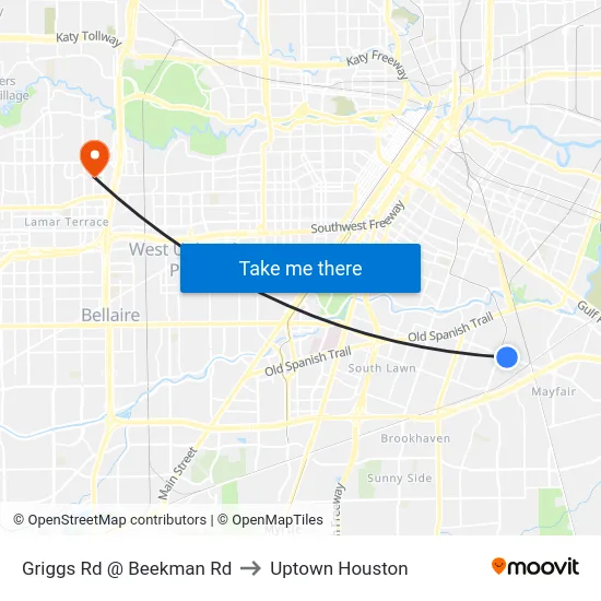 Griggs Rd @ Beekman Rd to Uptown Houston map