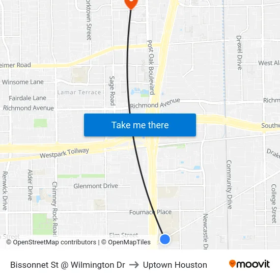 Bissonnet St @ Wilmington Dr to Uptown Houston map