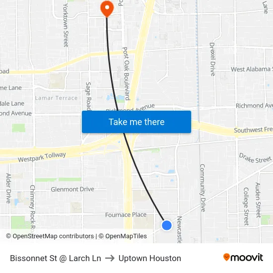 Bissonnet St @ Larch Ln to Uptown Houston map