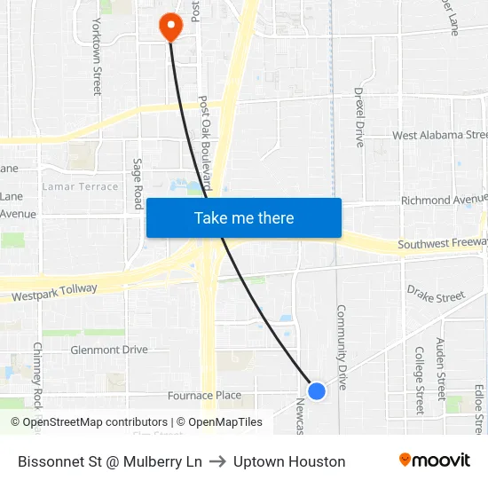 Bissonnet St @ Mulberry Ln to Uptown Houston map