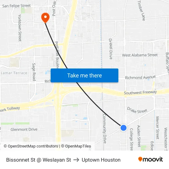 Bissonnet St @ Weslayan St to Uptown Houston map
