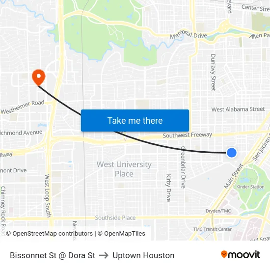Bissonnet St @ Dora St to Uptown Houston map