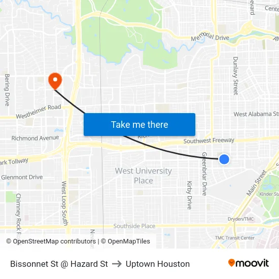 Bissonnet St @ Hazard St to Uptown Houston map