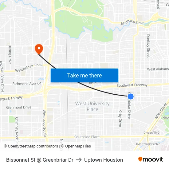 Bissonnet St @ Greenbriar Dr to Uptown Houston map