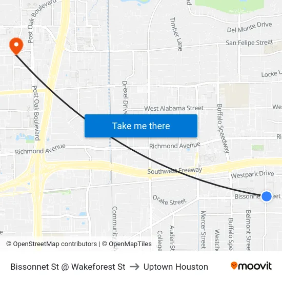 Bissonnet St @ Wakeforest St to Uptown Houston map