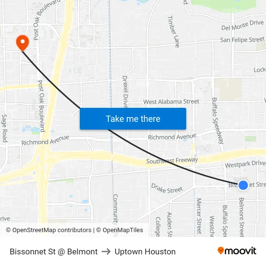 Bissonnet St @ Belmont to Uptown Houston map