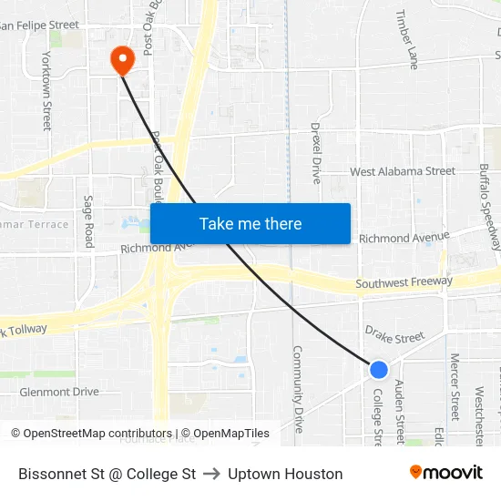 Bissonnet St @ College St to Uptown Houston map