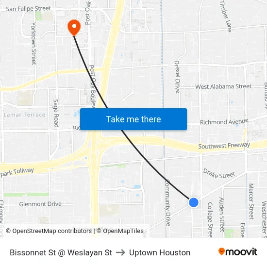 Bissonnet St @ Weslayan St to Uptown Houston map