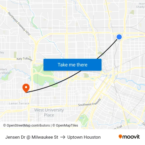 Jensen Dr @ Milwaukee St to Uptown Houston map