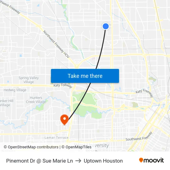 Pinemont Dr @ Sue Marie Ln to Uptown Houston map