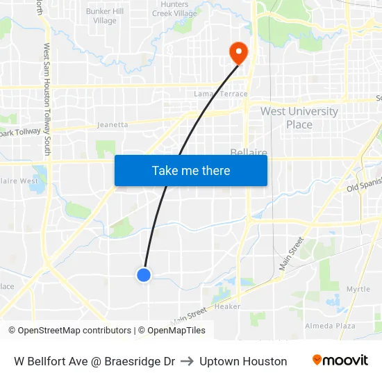 W Bellfort Ave @ Braesridge Dr to Uptown Houston map