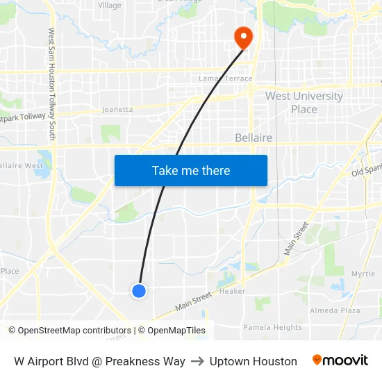 W Airport Blvd @ Preakness Way to Uptown Houston map