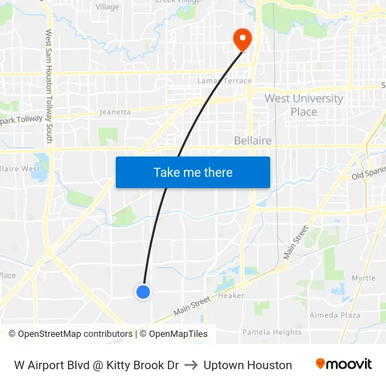 W Airport Blvd @ Kitty Brook Dr to Uptown Houston map