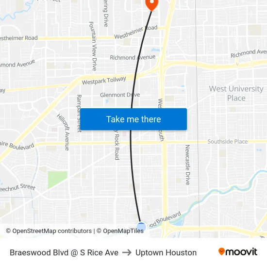Braeswood Blvd @ S Rice Ave to Uptown Houston map
