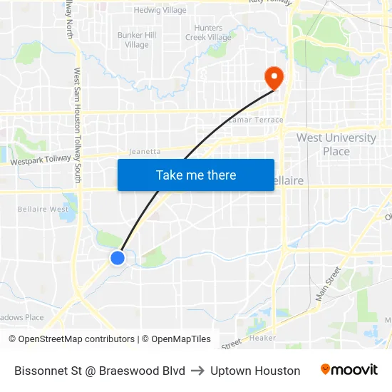 Bissonnet St @ Braeswood Blvd to Uptown Houston map