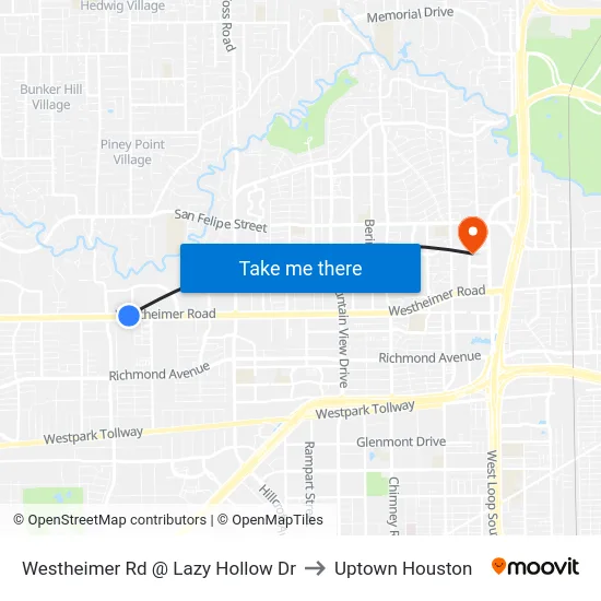 Westheimer Rd @ Lazy Hollow Dr to Uptown Houston map