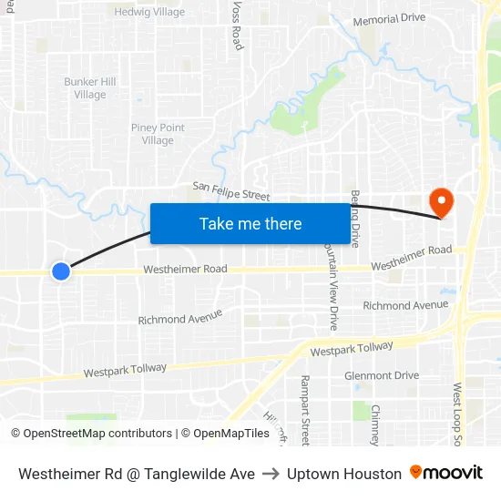 Westheimer Rd @ Tanglewilde Ave to Uptown Houston map